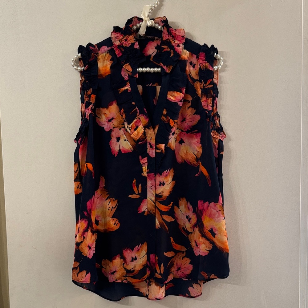 GO BY GO SILK Medium Navy, Orange, Pink Floral Ruffle Tie-Shoulder Camisole